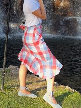 Plaid Asymmetric Midi Skirt in Red and Light Blue